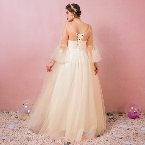 Modern / Fashion Champagne Plus Size Evening Dresses 2018 A-Line / Princess V-Neck Lace-up Tulle Appliques Backless Summer Long Sleeve Prom Evening Party Formal Dresses