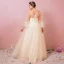 Modern / Fashion Champagne Plus Size Evening Dresses  2018 A-Line / Princess V-Neck Lace-up Tulle Appliques Backless Summer Long Sleeve Prom Evening Party Formal Dresses