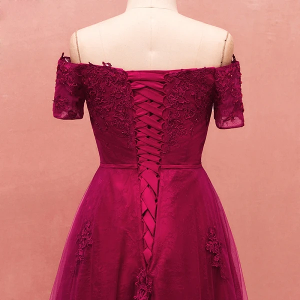Modest / Simple Burgundy Plus Size Evening Dresses 2018 A-Line / Princess Tulle Short Sleeve Appliques Backless Beading Strapless Evening Party Formal Dresses