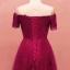 Modest / Simple Burgundy Plus Size Evening Dresses  2018 A-Line / Princess Tulle Short Sleeve Appliques Backless Beading Strapless Evening Party Formal Dresses