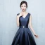 Chic / Beautiful Navy Blue Chapel Train Evening Dresses  2018 A-Line / Princess V-Neck Charmeuse Backless Printing Evening Party Formal Dresses