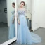 Sparkly Sky Blue Chapel Train Evening Dresses  2018 A-Line / Princess Tulle U-Neck Appliques Backless Beading Evening Party Formal Dresses