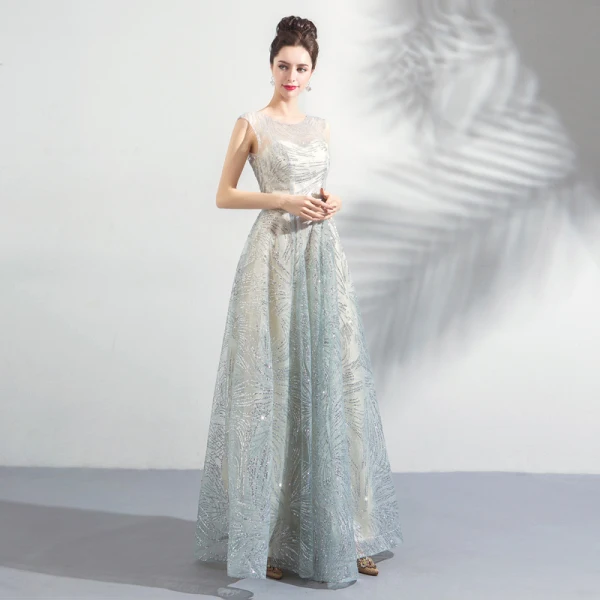Sparkly Grey Floor-Length / Long Evening Dresses 2018 A-Line / Princess U-Neck Tulle Backless Beading Sequins Evening Party Formal Dresses