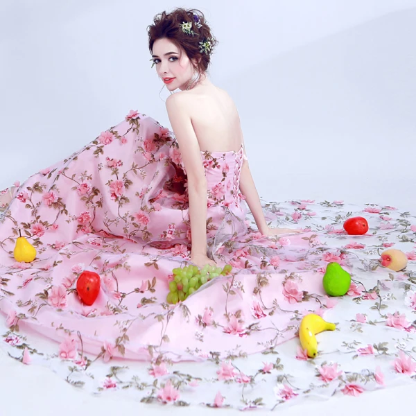 Chic / Beautiful Candy Pink Evening Dresses 2017 A-Line / Princess Strapless Court Train Lace Appliques Backless Printing Evening Party Prom Dresses