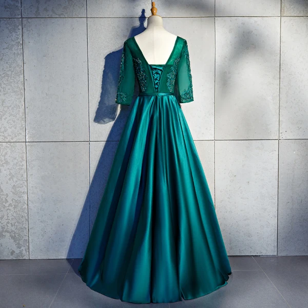 Chic / Beautiful Dark Green Floor-Length / Long Evening Dresses 2018 A-Line / Princess U-Neck Charmeuse Lace-up Appliques Backless Beading Evening Party Formal Dresses