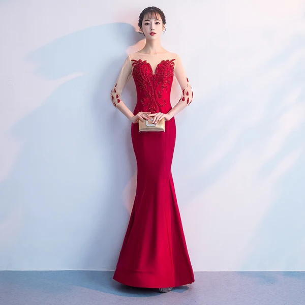 Chic / Beautiful Red Floor-Length / Long Evening Dresses  2018 Trumpet / Mermaid Tulle U-Neck 3/4 Sleeve Appliques Beading Formal Dresses