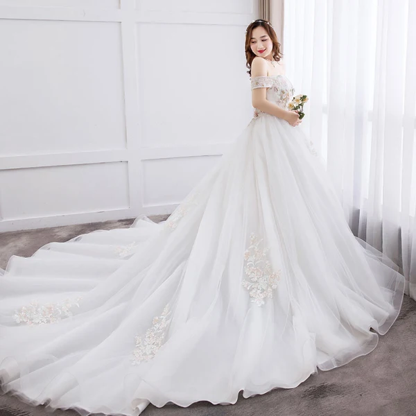 Schöne Weiß Übergröße Brautkleider / Hochzeitskleider 2019 A Linie Tülle Applikationen Rückenfreies Strass Bandeau Kapelle-Schleppe Hochzeit