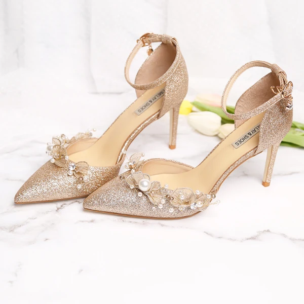 Chic / Beautiful Bling Bling Champagne Wedding Shoes 2019 9 cm Wedding High Heels Leather Butterfly Beading Pearl Pointed Toe Womens Shoes