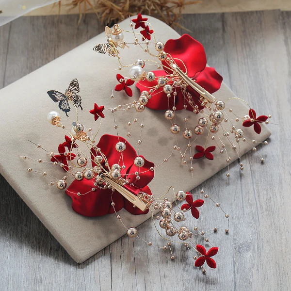 Flower Fairy Red Earrings Headpieces 2019 Metal Handmade  Beading Flower Rhinestone Wedding Prom Accessories