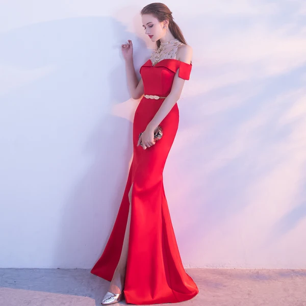 Schöne Rot Abendkleider 2017 Glanz A Linie Rückenfreies Mit Spitze Chiffon Bandeau Abend Festliche Kleider