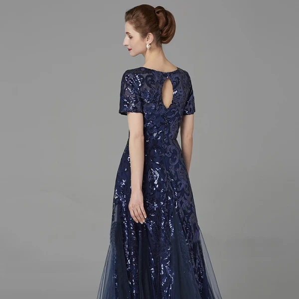 Chic / Beautiful Navy Blue Mother Of The Bride Dresses 2020 A-Line / Princess U-Neck Floor-Length / Long Short Sleeve Backless Beading Sequins Wedding Evening Party Wedding Party Dresses