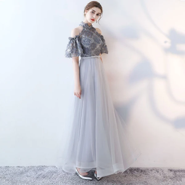 Modern / Fashion Grey Evening Dresses  2017 A-Line / Princess Appliques Scoop Neck Lace Embroidered Flower Evening Party Formal Dresses