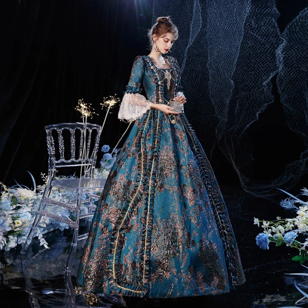 Vintage / Retro Medieval Gothic Multi-Colors Ball Gown Prom Dresses 2021 Square Neckline Long Sleeve Floor-Length / Long 3D Lace Printing Cosplay Evening Party Prom Formal Dresses