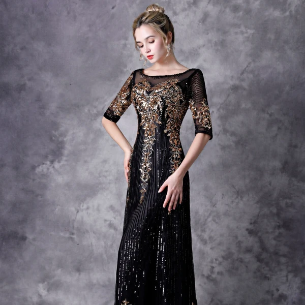 Vintage / Retro Black Evening Dresses 2021 A-Line / Princess 1/2 Sleeves Square Neckline Floor-Length / Long Beading Sequins Appliques Tulle Evening Party Formal Dresses