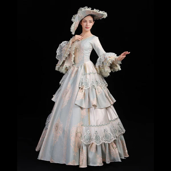 Vintage / Retro Medieval Sky Blue Ball Gown Prom Dresses Long Sleeve U-Neck Floor-Length / Long Zipper Up Lace Handmade Embroidered Cosplay Formal Dresses