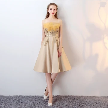 Chic Beautiful 2017 Gold Cocktail Dresses Strapless Lace Handmade Appliques A Line Princess Cocktail Party Evening Dresses