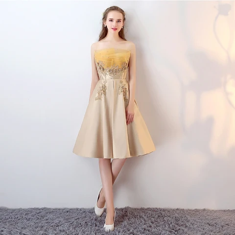 Chic / Beautiful 2017 Gold Cocktail Dresses Strapless Lace Handmade  Appliques A-Line / Princess Cocktail Party Evening Dresses