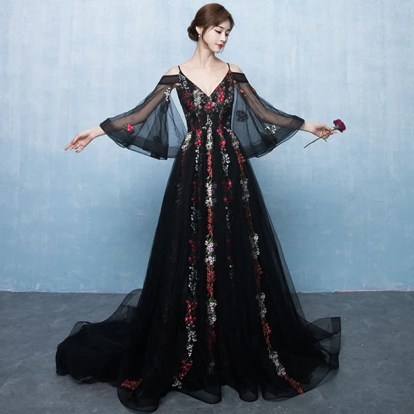 Chic / Belle Noire Robe De Bal 2017 Princesse Promo V-Cou Dentelle Bretelles croisées Appliques Dos Nu Robe De Ceremonie