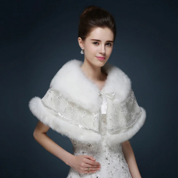 White Winter Glitter Sequins Faux Fur Wedding Prom Shawls 2017