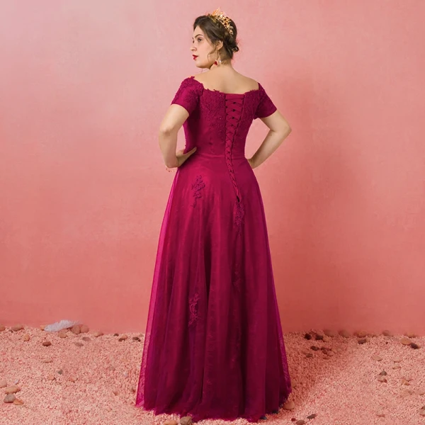 Modest / Simple Burgundy Plus Size Evening Dresses 2018 A-Line / Princess Tulle Short Sleeve Appliques Backless Beading Strapless Evening Party Formal Dresses