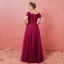 Modest / Simple Burgundy Plus Size Evening Dresses  2018 A-Line / Princess Tulle Short Sleeve Appliques Backless Beading Strapless Evening Party Formal Dresses
