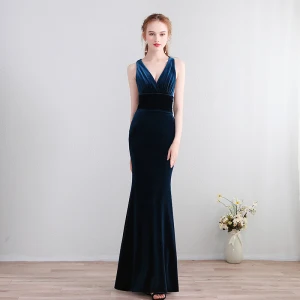 Modest Simple Floor Length Long Navy Blue Evening Dresses 2018 Trumpet Mermaid Charmeuse V Neck Backless Evening Party Formal Dresses