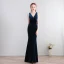 Modest / Simple Floor-Length / Long Navy Blue Evening Dresses  2018 Trumpet / Mermaid Charmeuse V-Neck Backless Evening Party Formal Dresses