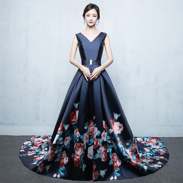 Chic / Beautiful Navy Blue Chapel Train Evening Dresses 2018 A-Line / Princess V-Neck Charmeuse Backless Printing Evening Party Formal Dresses