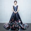 Chic / Beautiful Navy Blue Chapel Train Evening Dresses  2018 A-Line / Princess V-Neck Charmeuse Backless Printing Evening Party Formal Dresses