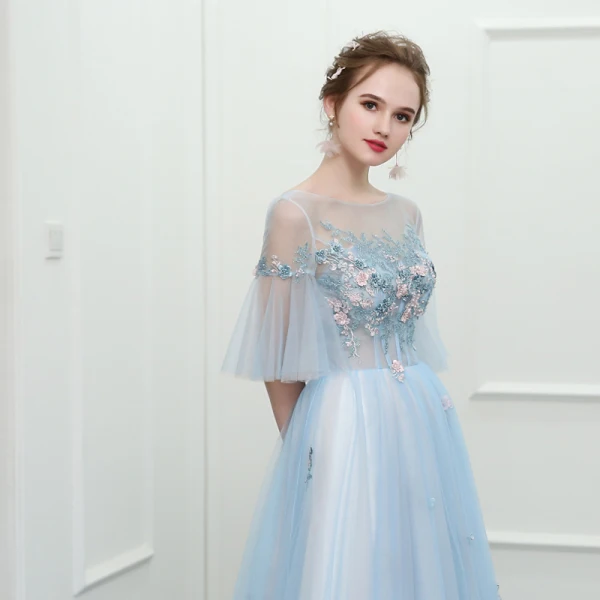 Sparkly Sky Blue Chapel Train Evening Dresses  2018 A-Line / Princess Tulle U-Neck Appliques Backless Beading Evening Party Formal Dresses