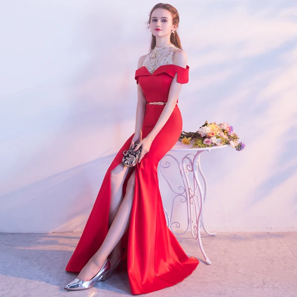 Schöne Rot Abendkleider 2017 Glanz A Linie Rückenfreies Mit Spitze Chiffon Bandeau Abend Festliche Kleider