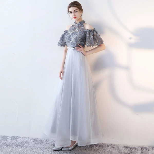 Modern / Fashion Grey Evening Dresses  2017 A-Line / Princess Appliques Scoop Neck Lace Embroidered Flower Evening Party Formal Dresses