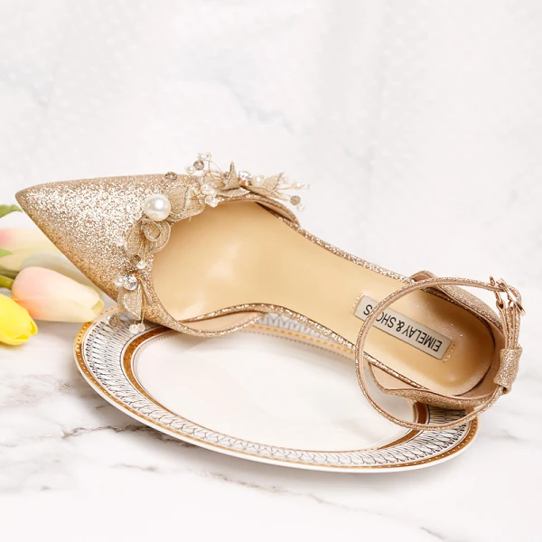 Chic / Beautiful Bling Bling Champagne Wedding Shoes 2019 9 cm Wedding High Heels Leather Butterfly Beading Pearl Pointed Toe Womens Shoes