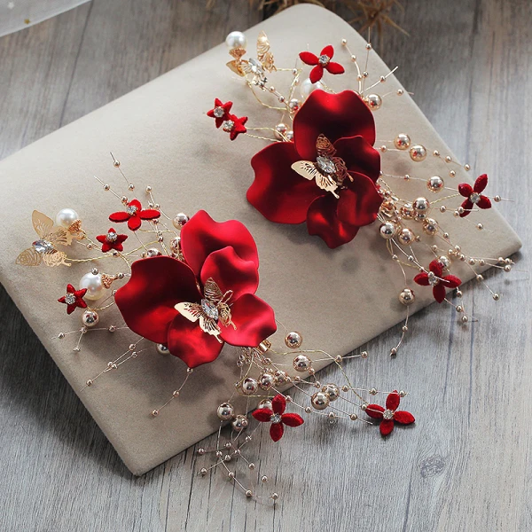 Flower Fairy Red Earrings Headpieces 2019 Metal Handmade  Beading Flower Rhinestone Wedding Prom Accessories