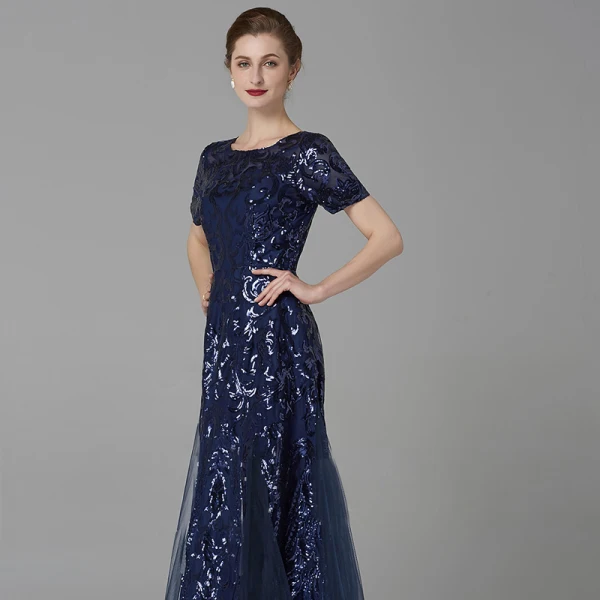 Chic / Beautiful Navy Blue Mother Of The Bride Dresses 2020 A-Line / Princess U-Neck Floor-Length / Long Short Sleeve Backless Beading Sequins Wedding Evening Party Wedding Party Dresses