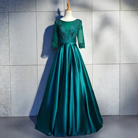 Fine Mørk Grønn Lange Selskapskjoler 2018 Prinsesse U-Hals Charmeuse Snøre opp Appliques Ryggløse Beading Aften Formelle Kjoler