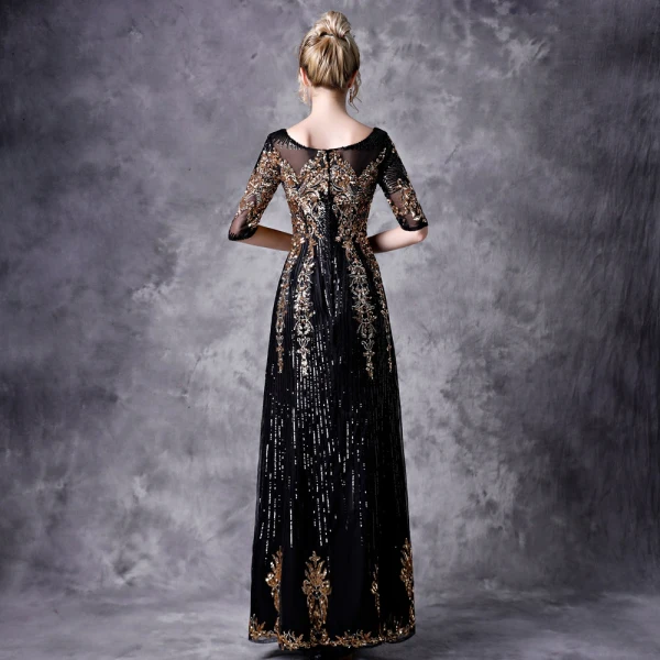 Vintage / Retro Black Evening Dresses 2021 A-Line / Princess 1/2 Sleeves Square Neckline Floor-Length / Long Beading Sequins Appliques Tulle Evening Party Formal Dresses