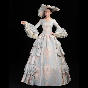 Vintage Middeleeuws Hemelsblauw Baljurk Galajurken Lange Mouwen U Hals Lange Rits Omhoog Kant Handgemaakt Geborduurde Cosplay Gelegenheid Jurken