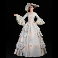 Vintage Middeleeuws Hemelsblauw Baljurk Galajurken Lange Mouwen U-hals Lange Rits Omhoog Kant Handgemaakt Geborduurde Cosplay Gelegenheid Jurken