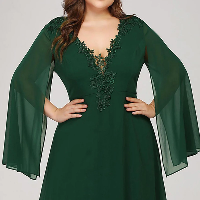 Chic Beautiful Green Plus Size Evening Dresses 2020 A Line Princess V Neck  Tulle Floor Length Long Long Sleeve Handmade 3d Lace Solid Color Evening  Party Summer Formal Dresses