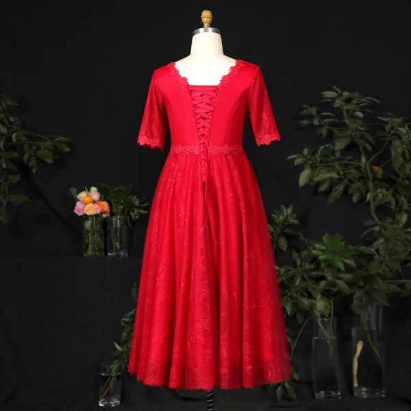 Simple Bordeaux Grande Taille Robe De Soirée 2021 Princesse V-Cou 1/2 Manches Bretelles croisées Dentelle 3D Couleur Unie Appliques Dos Nu Soirée Courte Robe De Ceremonie