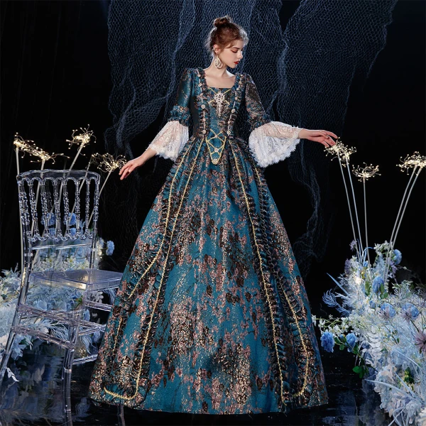 Vintage / Retro Medieval Gothic Multi-Colors Ball Gown Prom Dresses 2021 Square Neckline Long Sleeve Floor-Length / Long 3D Lace Printing Cosplay Evening Party Prom Formal Dresses