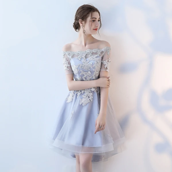 Élégant Bleu Ciel Robe De Graduation 2017 Bustier Dentelle Appliques Dos Nu Impression de retour Robe De Fete
