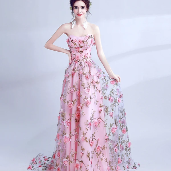 Chic / Beautiful Candy Pink Evening Dresses 2017 A-Line / Princess Strapless Court Train Lace Appliques Backless Printing Evening Party Prom Dresses