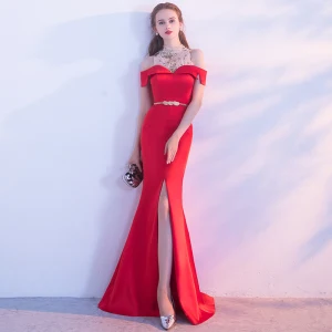 Chic Belle Rouge Robe De Soirée 2017 Glitter Princesse Dos Nu En Dentelle Chiffon Bustier Soirée Robe De Ceremonie