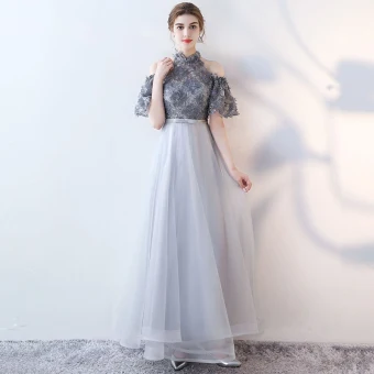 Moderne Mode Gris Robe De Soirée 2017 Princesse Appliques Encolure Dégagée Dentelle Brodé Fleur Soirée Robe De Ceremonie