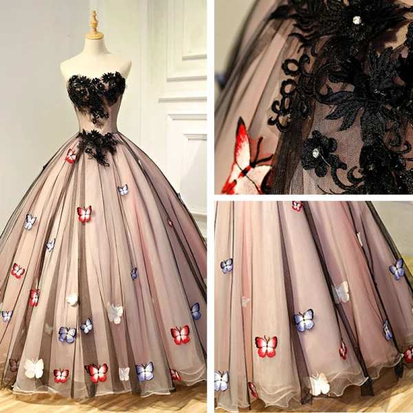 Flower Fairy Black Prom Dresses 2017 Black Tulle Appliques Backless Beading Prom Formal Dresses