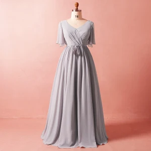 Modest Simple Grey Plus Size 2018 A Line Princess Crossed Straps Tulle V Neck Summer Sash Beach 1 2 Sleeves Mother Of The Bride Dresses