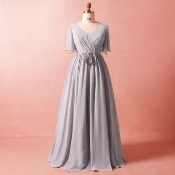 Modest Simple Grey Plus Size 2018 A Line Princess Crossed Straps Tulle V Neck Summer Sash Beach 1 2 Sleeves Mother Of The Bride Dresses