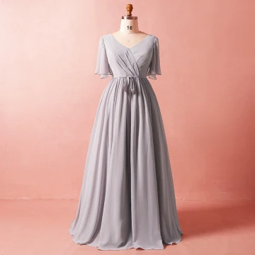 Modest Simple Grey Plus Size 2018 A Line Princess Crossed Straps Tulle V Neck Summer Sash Beach 1 2 Sleeves Mother Of The Bride Dresses